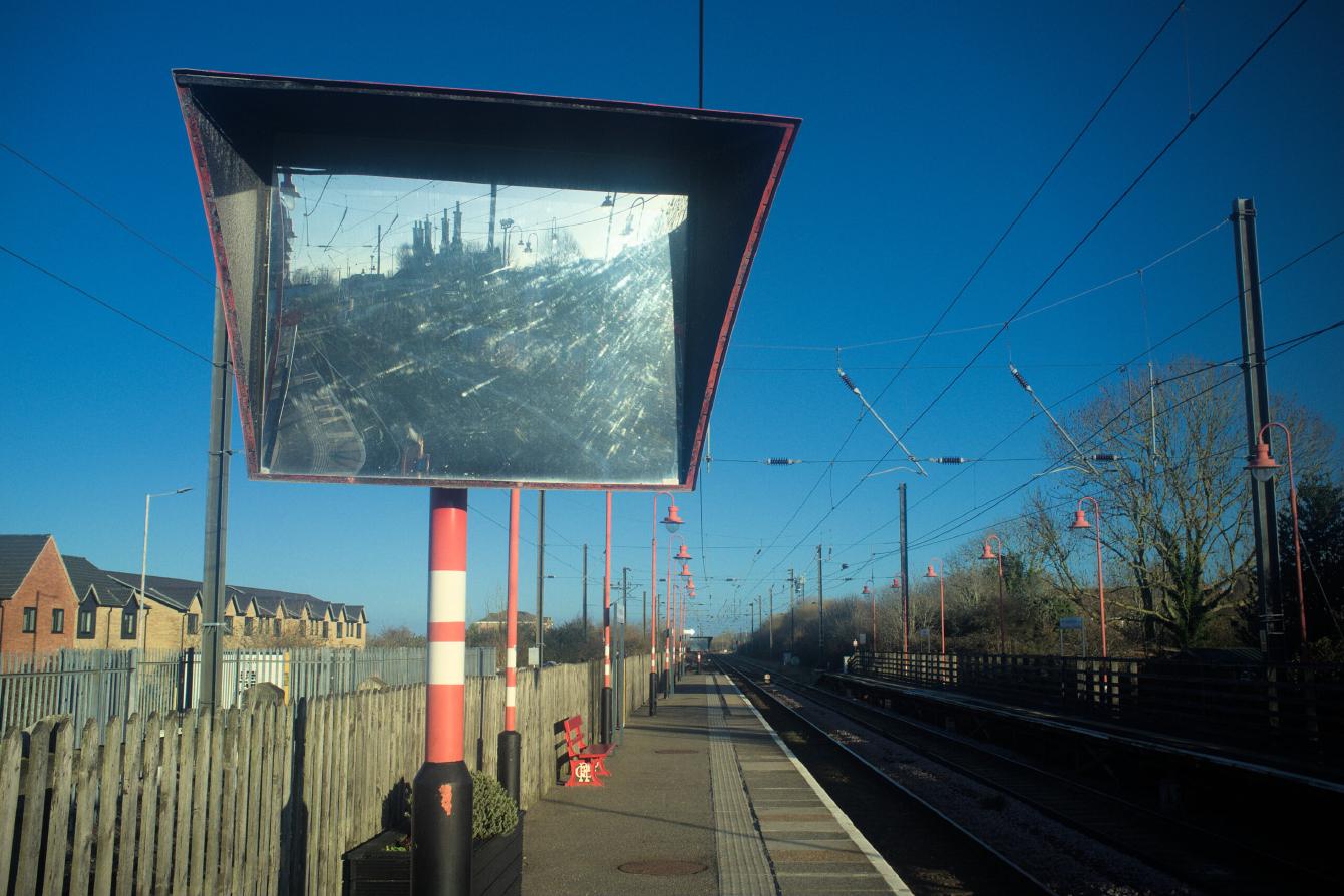 A very large mirror on the platform at Downham Market