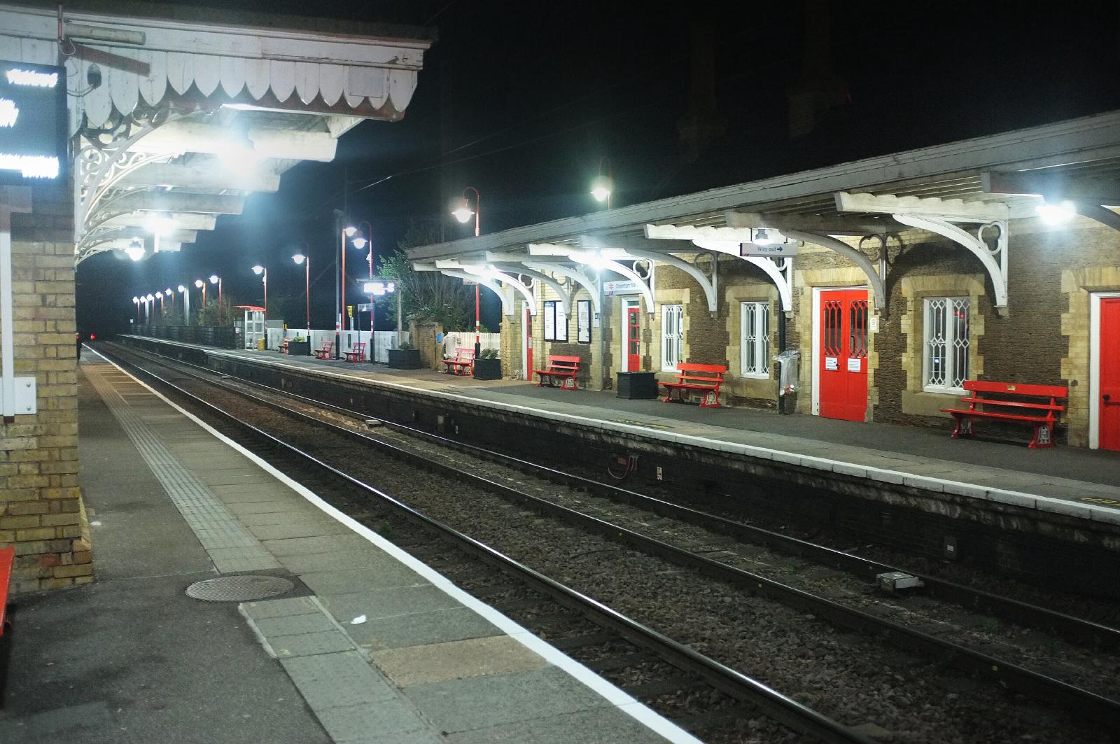 A view of Downham Market station at night, taken from Platform 2.