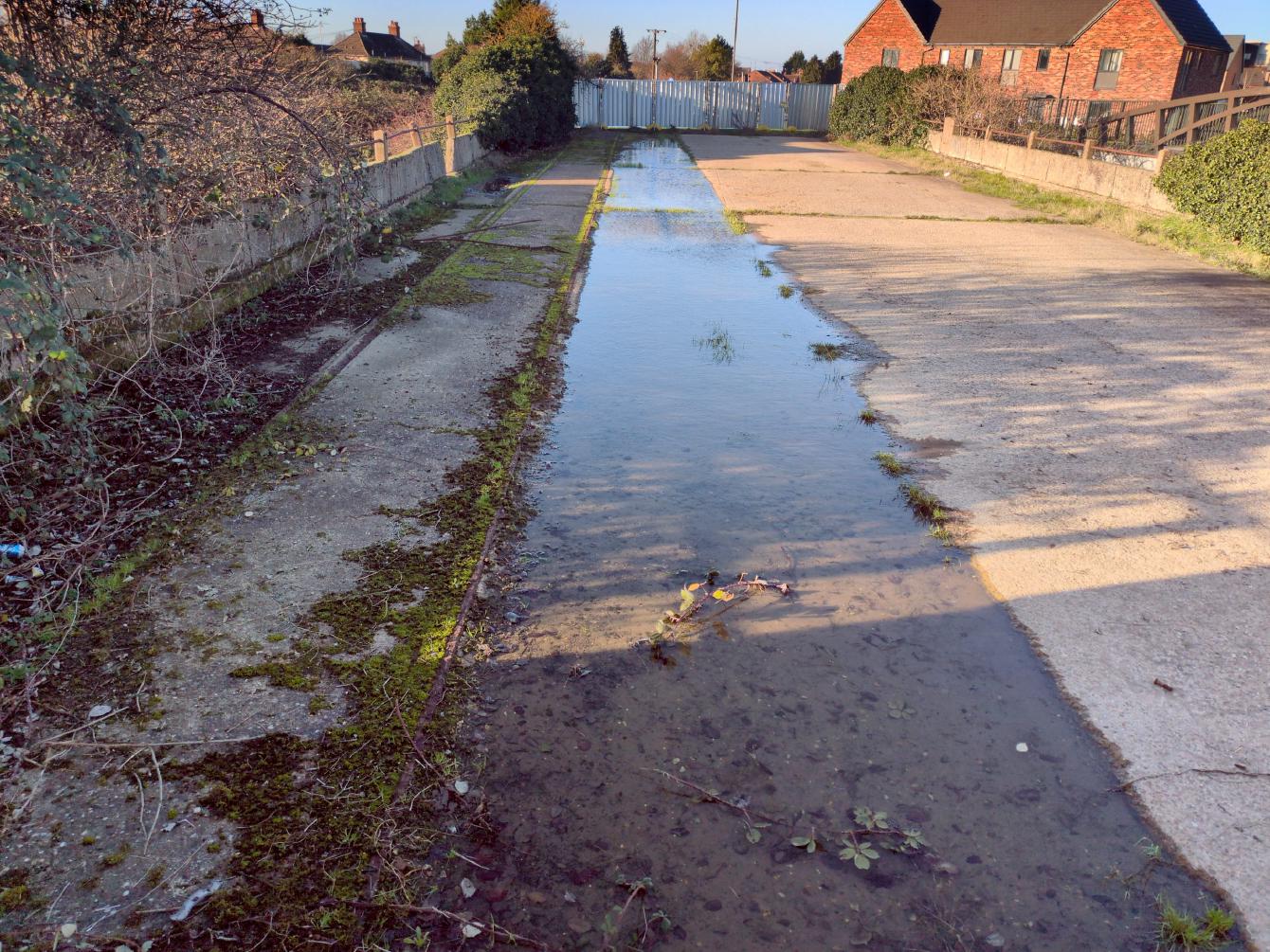 A look onto the deck of a concrete bridge; two rails embedded in the deck are visible on the left.