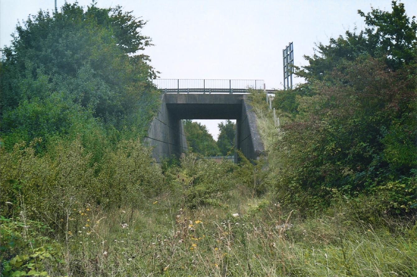 A view from track level of the bridge, giving a better view of its concrete construction