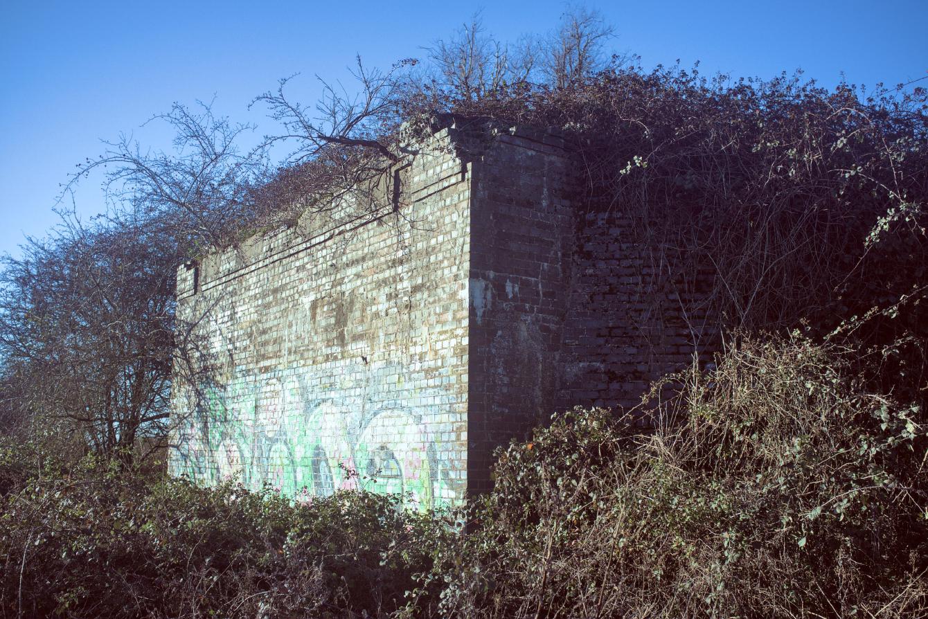 A view from another angle of the abutment. This shows that thick undergrowth has taken over its sides and the top.