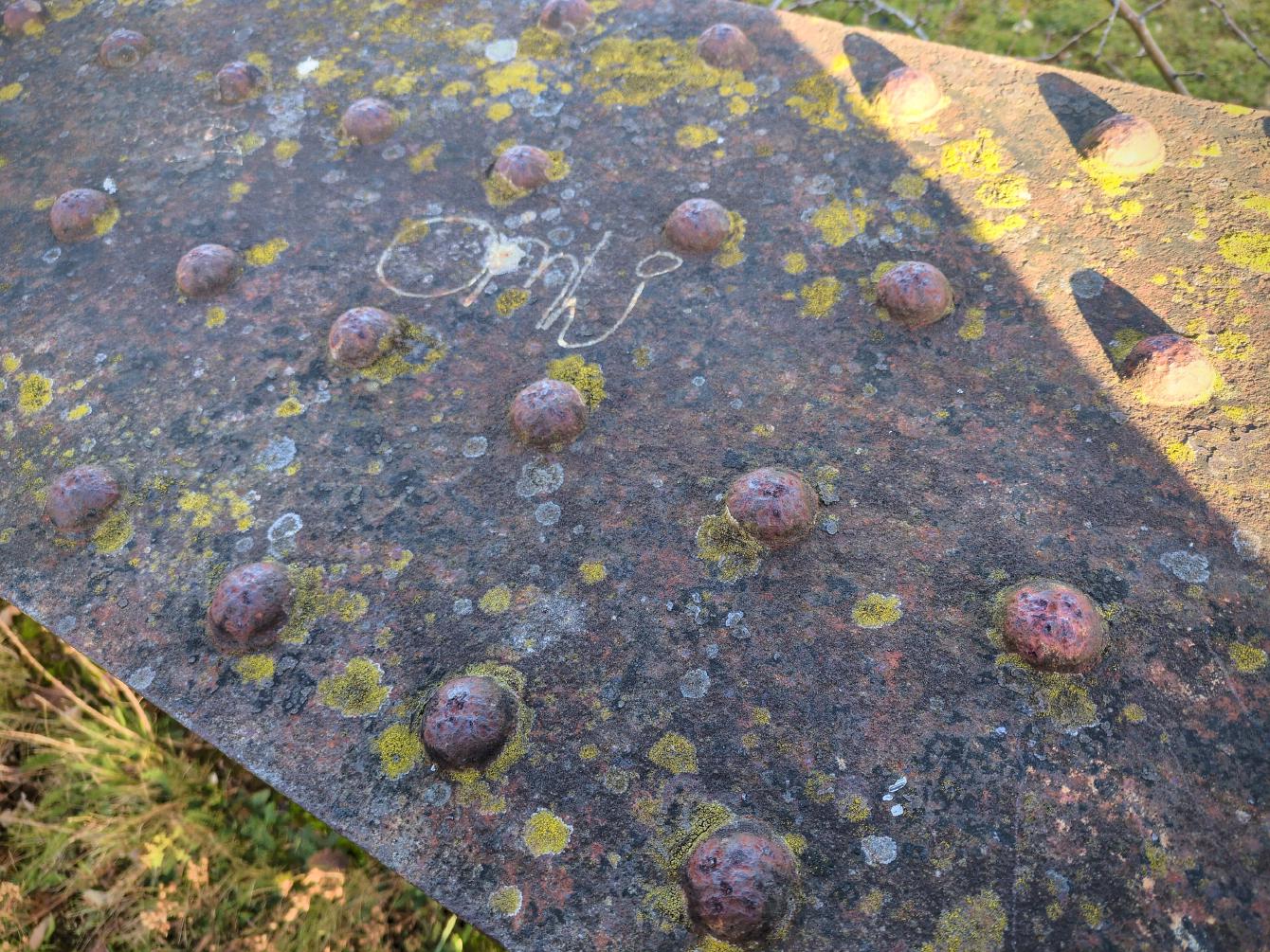 Another view of the domes of some hot rivets embedded into the ironwork of a bridge.