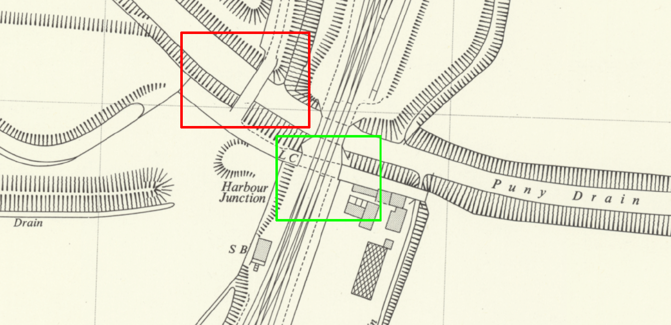 A map showing the location of the Puny Drain bridge and a level crossing nearby.