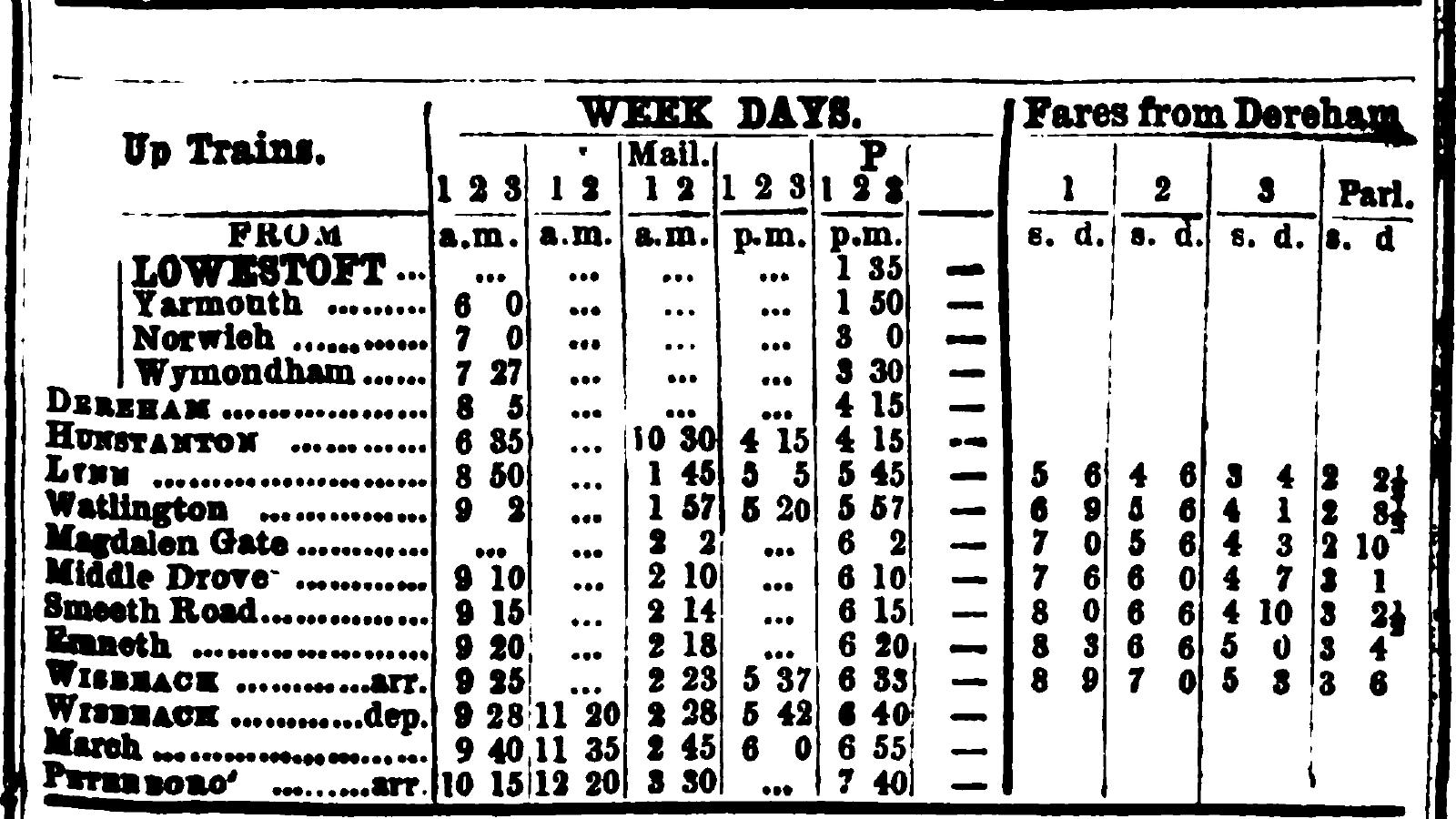 A timetable showing trains through Magdalen Gate.