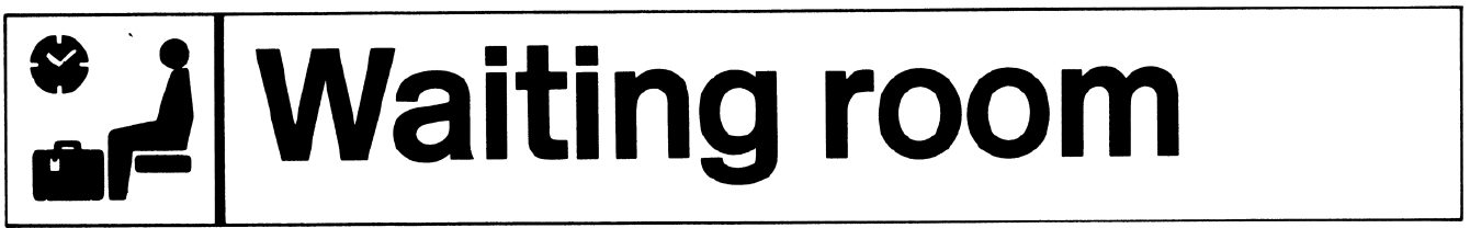 The waiting room sign from the British Rail Corporate Identity manual. It is a plank with black text, and a pictogram in black depicting someone sitting down with a suitcase in front of them.