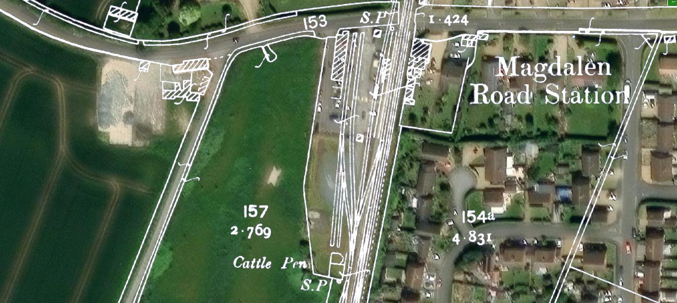 A map of the former goods yard overlaid onto satellite images showing the location of the goods yard relative to the car park; the car park basically tracks the old goods yard.